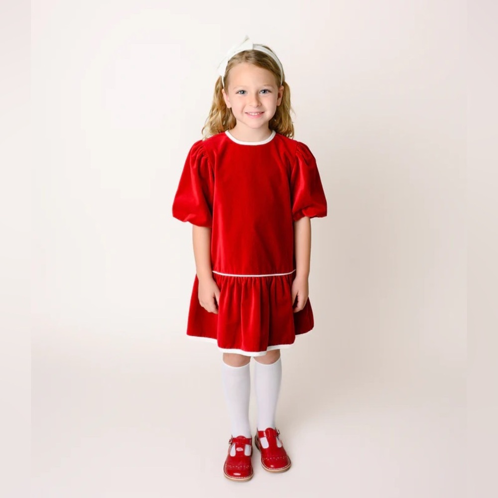 Lullaby Set Red Velvet Puff Sleeve Drop Waist Holiday Dress Trim Size 8 girls